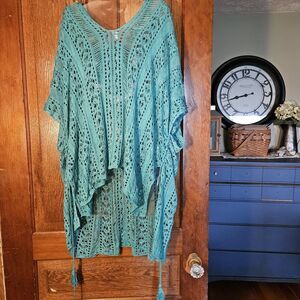Women's One Size Boho Turquoise Crochet Poncho Vest | One Size Beach Cover-Up